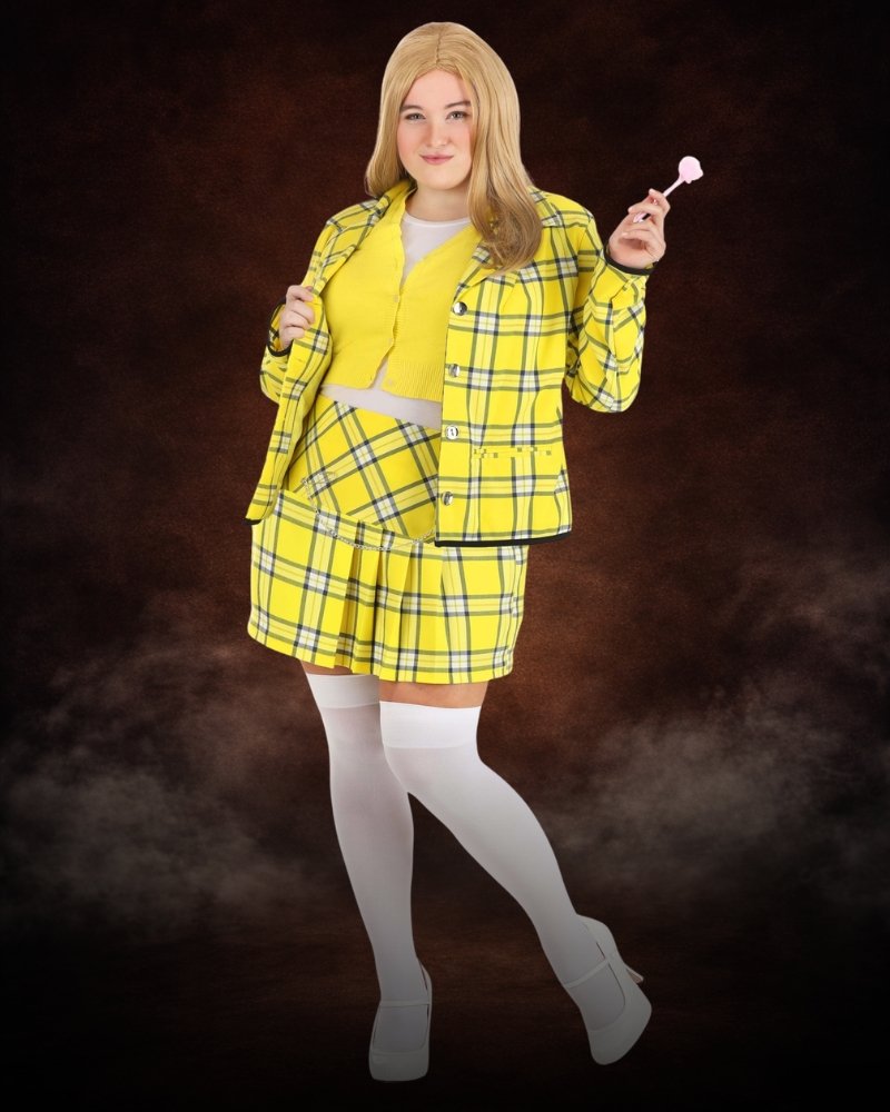 Plus Size Women's Authentic Cher Costume with yellow plaid blazer, matching skirt, yellow cardigan, and classic Clueless fashion styling