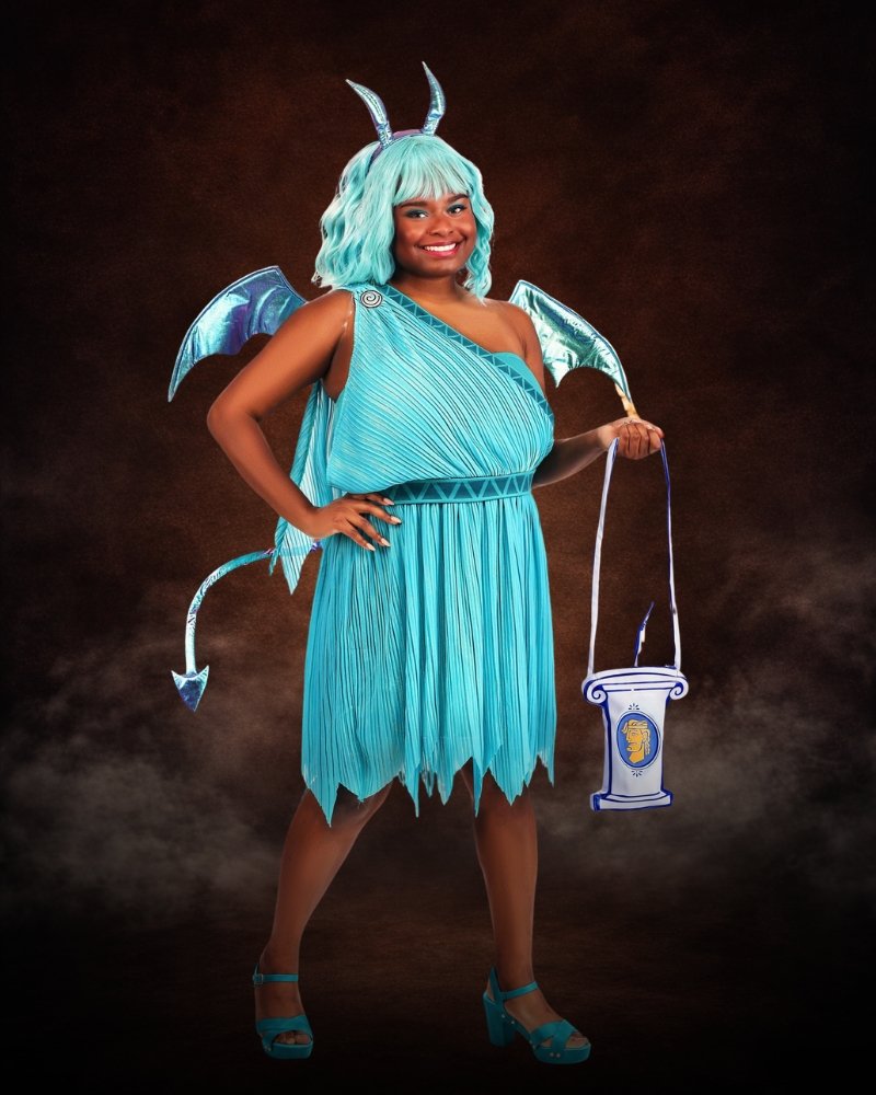 Plus Size Women's Disney Hercules Panic Costume Dress with aqua pleated gown, metallic wings, devil tail, horns, and character purse