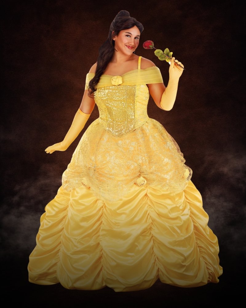 Plus Size Women's Premium Disney Belle Costume with golden satin gown, glitter rose overlays, off-shoulder neckline, and matching gloves