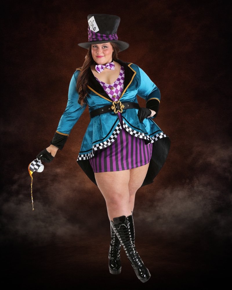Plus Size Women's Purple Panache Mad Hatter Costume with purple checker bodice, striped skirt, blue velour tailcoat jacket, bow tie and top hat
