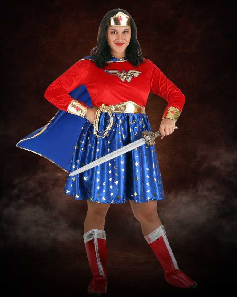 Plus Size Wonder Woman Long Sleeved Costume Dress for Women with red velour top, blue star-print skirt, gold accents, cape, and tiara