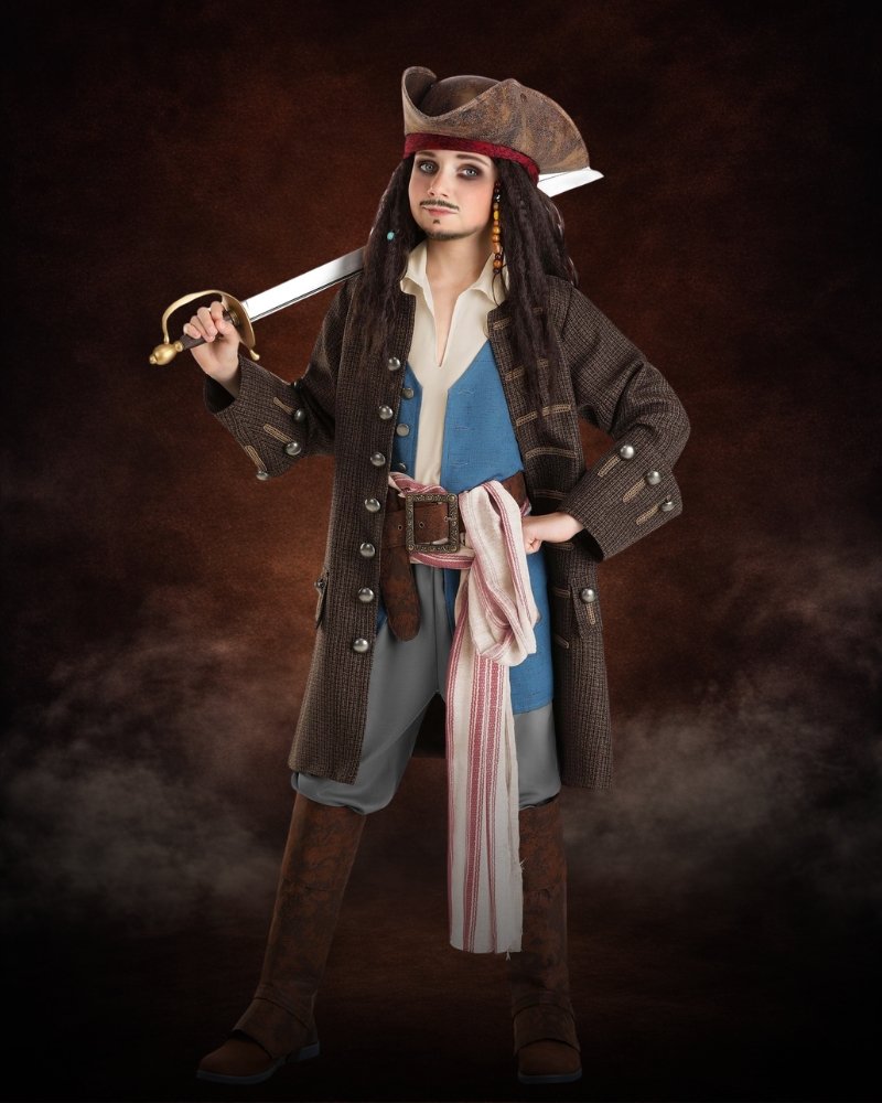 Premium Jack Sparrow Pirate Costume for Boys with brown coat, blue vest, pirate hat, head scarf, sash, belt, and boot tops.