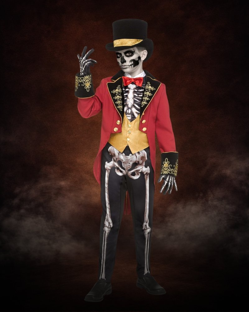 Skeletal Ringmaster Costume for Boys with red tailcoat, gold vest, skeleton print jumpsuit, black top hat, bow tie, and gloves.