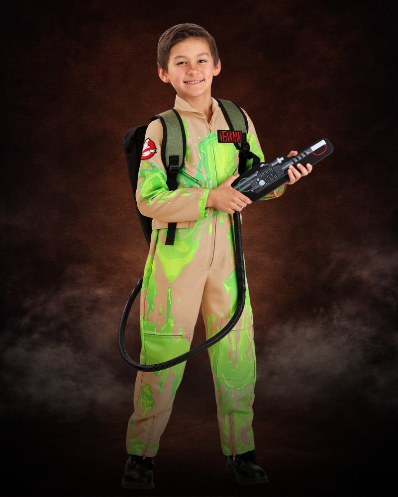 Slime-Covered Ghostbusters Costume for Kids with glow-in-the-dark slime graphics, Ghostbusters patch, proton pack, and foam wand.