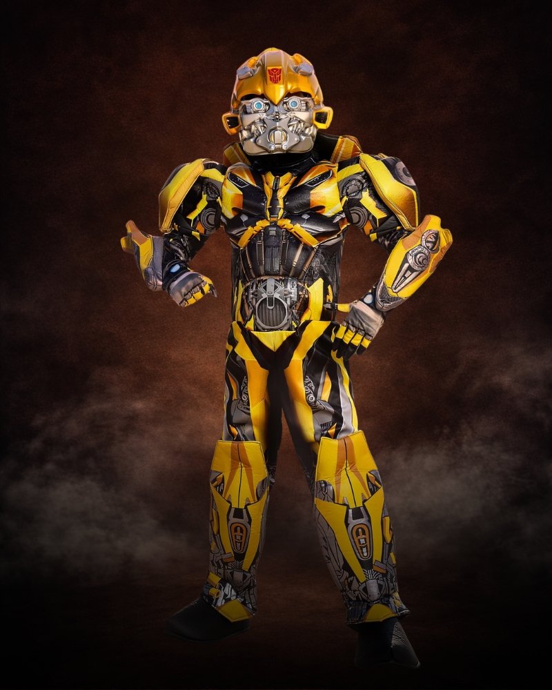 Transformers 5 Bumblebee Prestige Costume for Boys with yellow and black armored jumpsuit, padded details, gloves, and character mask