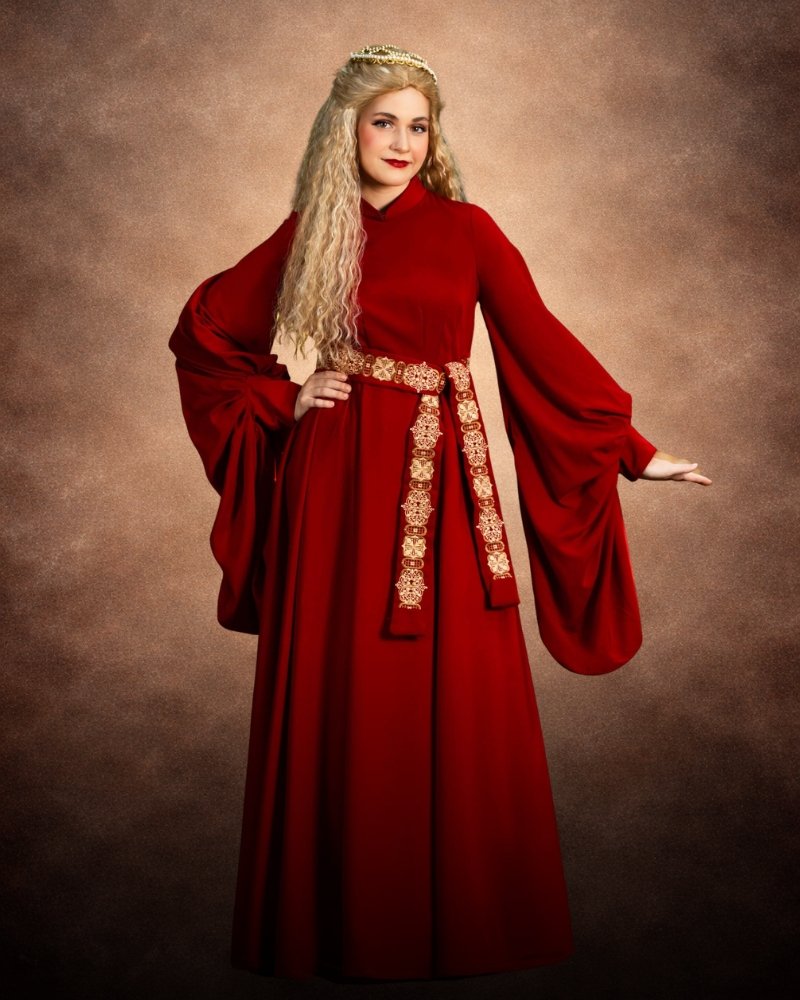 Women's Authentic The Princess Bride Buttercup Costume, red medieval-style gown with billowy sleeves, pleated skirt, gold belt and beaded crown