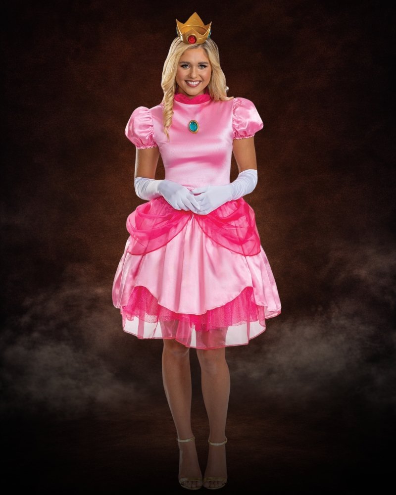 Women's Deluxe Super Mario Bros. Princess Peach Costume, pink satin dress with organza layers, sparkly petticoat, white gloves and royal crown