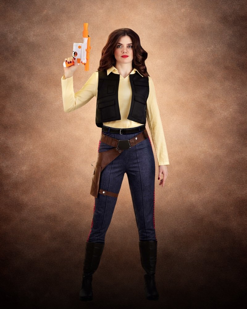 Women's Star Wars Han Solo Costume, gauze shirt, twill vest, ponte knit pants with red side stripes, faux leather utility belt and holster