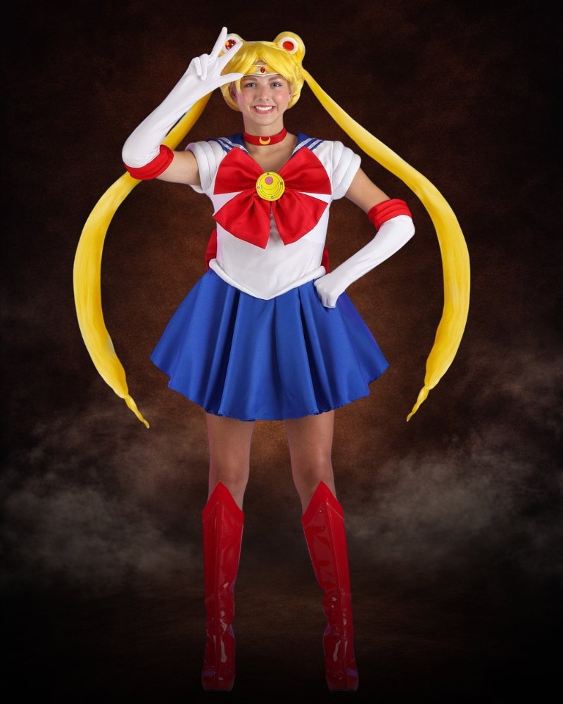 Exclusive Sailor Moon Women's Costume, anime cosplay outfit with white leotard, blue pleated skirt, red bows, Moon Prism brooch and tiara