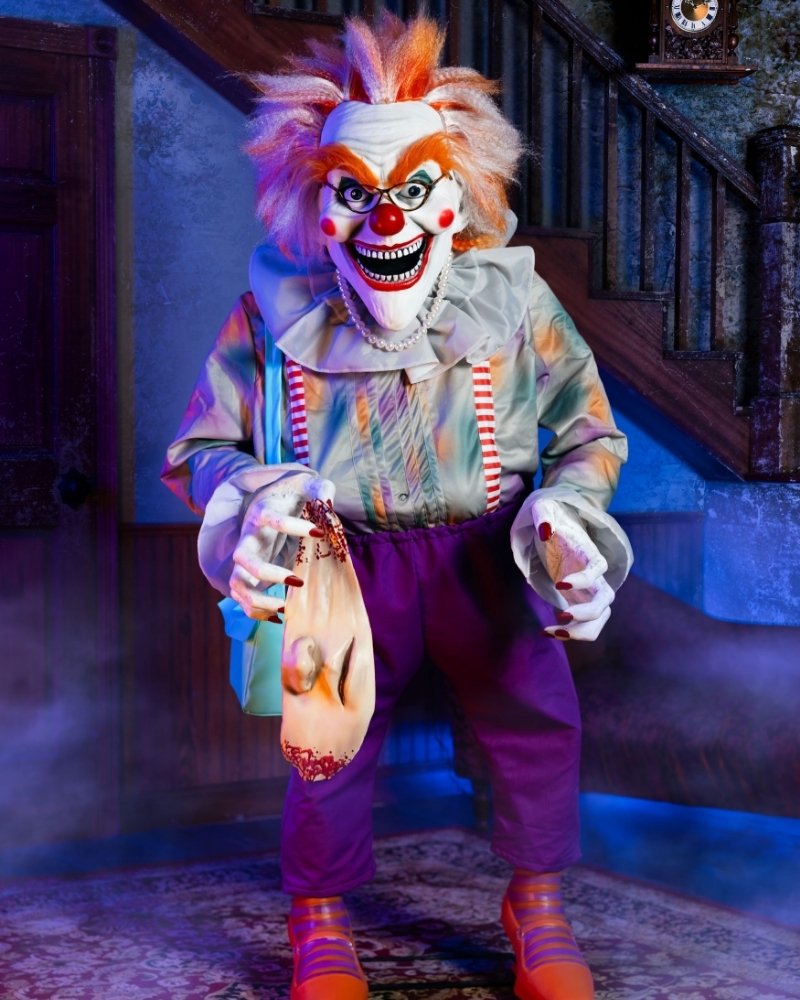 Night Night Nana creepy clown grandma Halloween animatronic with wild gray hair and painted clown face